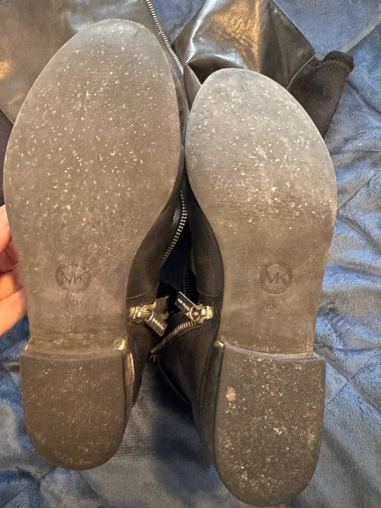 MICHAEL Michael Kors Black Leather Over-the-Knee Boots with Gold Logo Accent - Picture 2 of 6